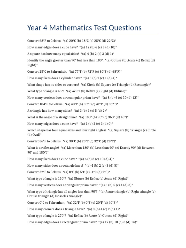Year 4 Mathematics Test Questions Pdf