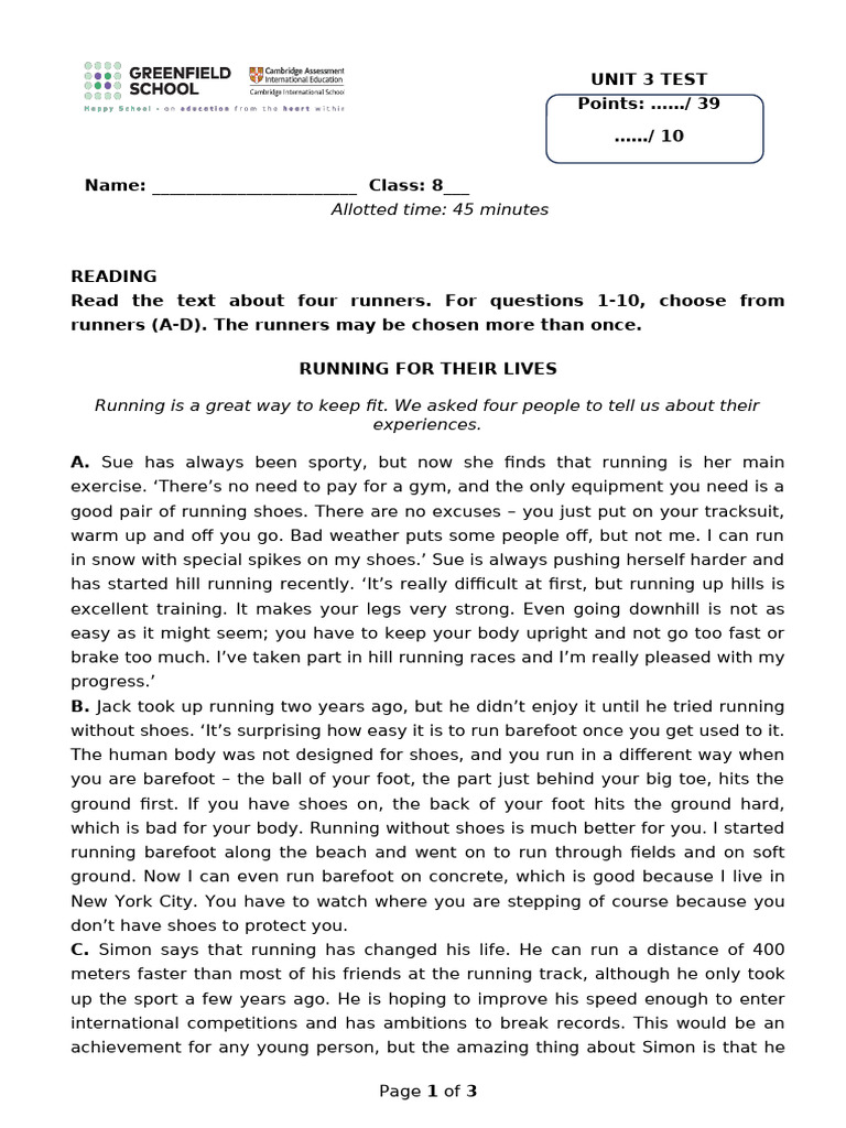 Unit 3 Test: Running Experiences | PDF | Marathon