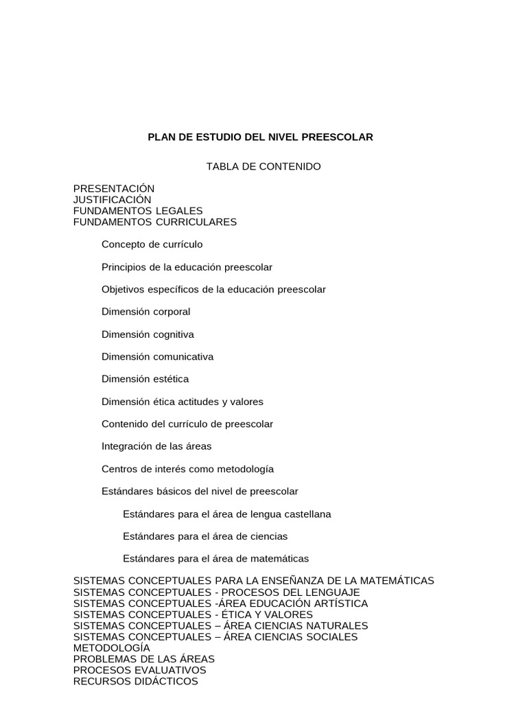 Plan de Estudio para Educación Preescolar | PDF | Educación de la ...