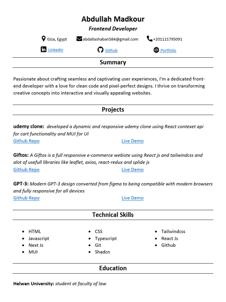 Frontend Developer Portfolio - Abdullah Madkour | PDF