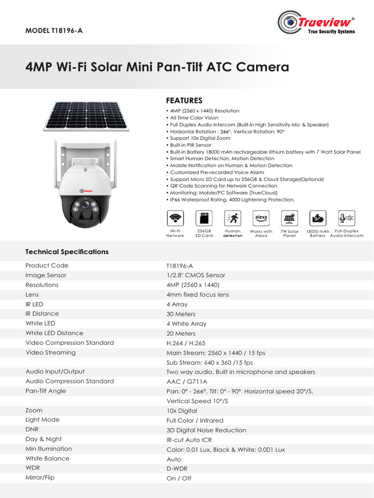4MP Solar Mini Pan-Tilt Camera T18196-A | PDF | Camera | Infrared