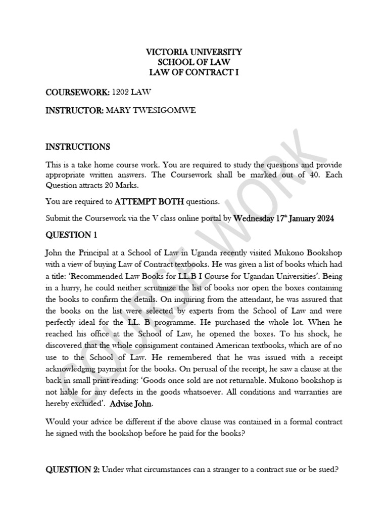 Law of Contract Coursework Guide | PDF