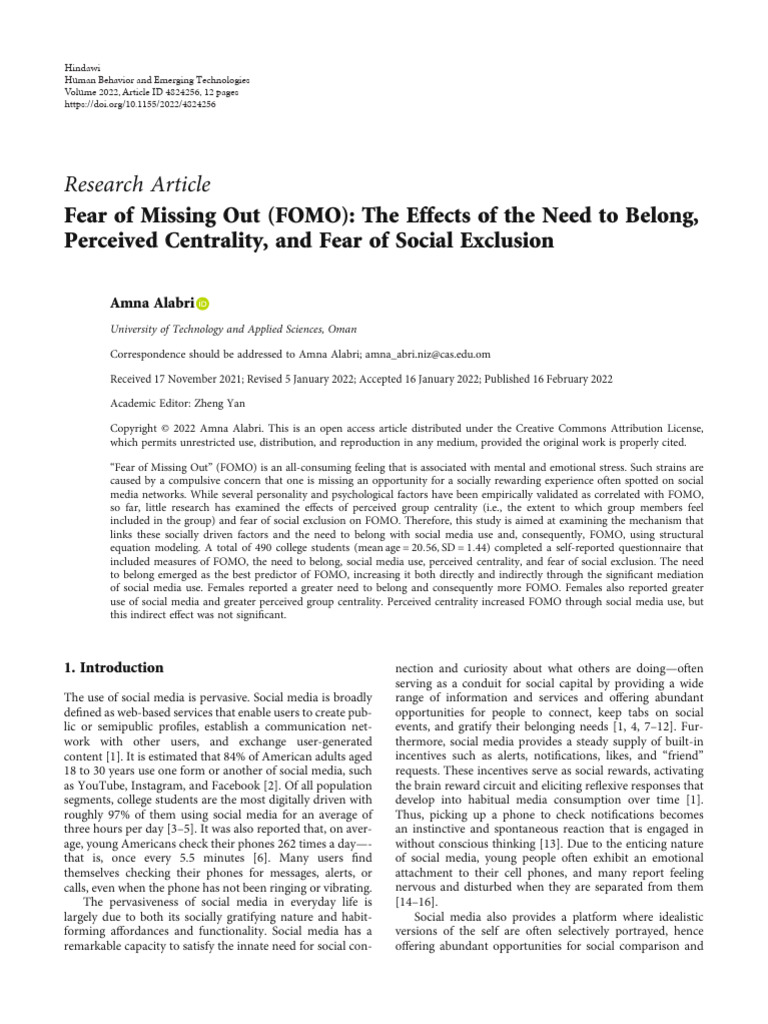 Exploring contributors to FoMO (fear of missing out) among university ...
