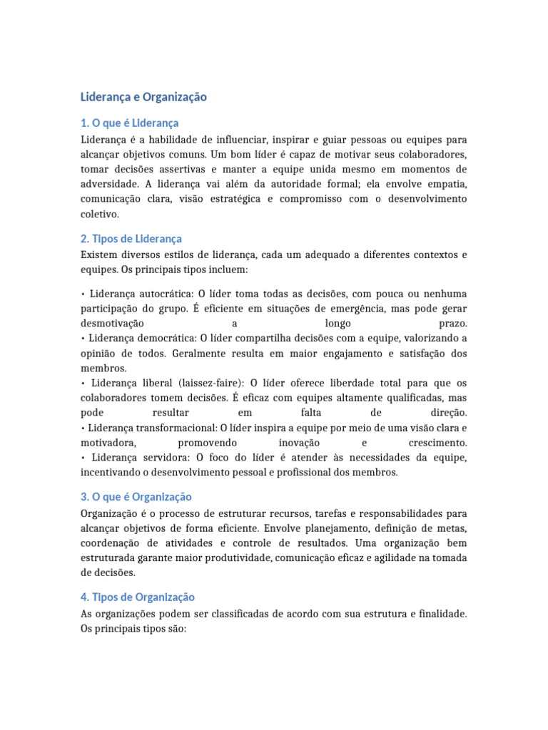 Liderança e Organização: Conceitos e Tipos | PDF | Liderança