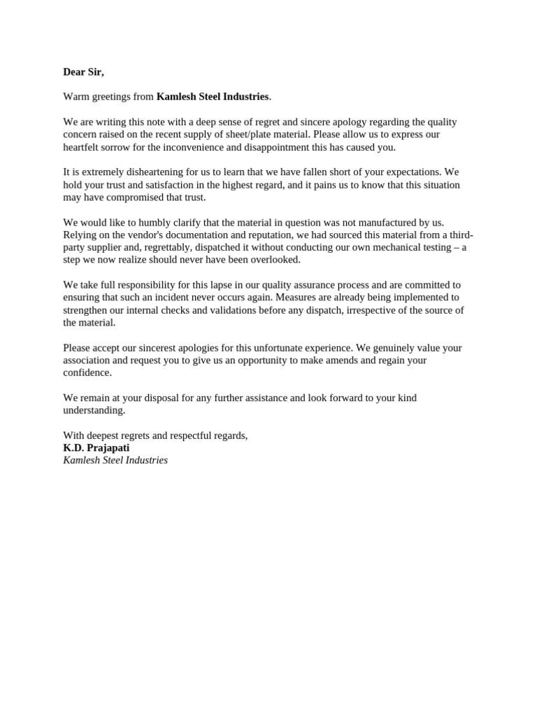 Apology for Quality Issue in Supply | PDF
