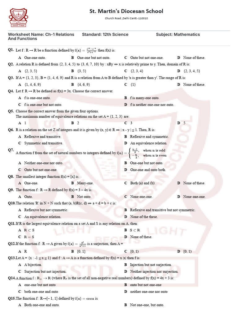 Relations and Functions Worksheet | PDF | Function (Mathematics ...