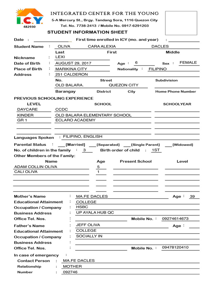 Student Information Sheet Template | PDF | Interpersonal Relationships ...
