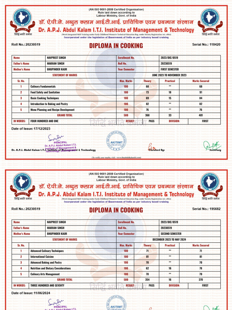 Diploma in Cooking: Marks & Results | PDF | Culinary Arts | Cooking