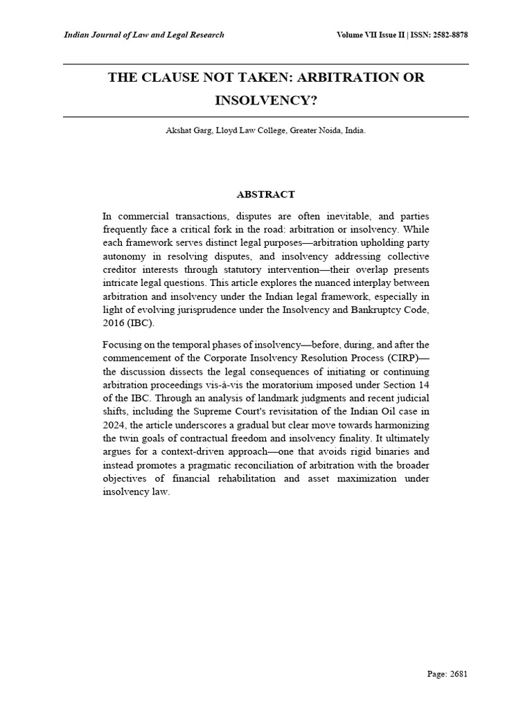 Arbitration vs. Insolvency in India | PDF | Arbitration | Bankruptcy