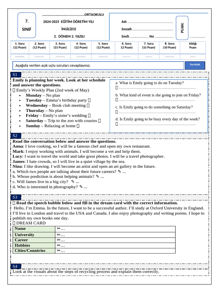 2024-2025 English Exam for 7th Grade | PDF