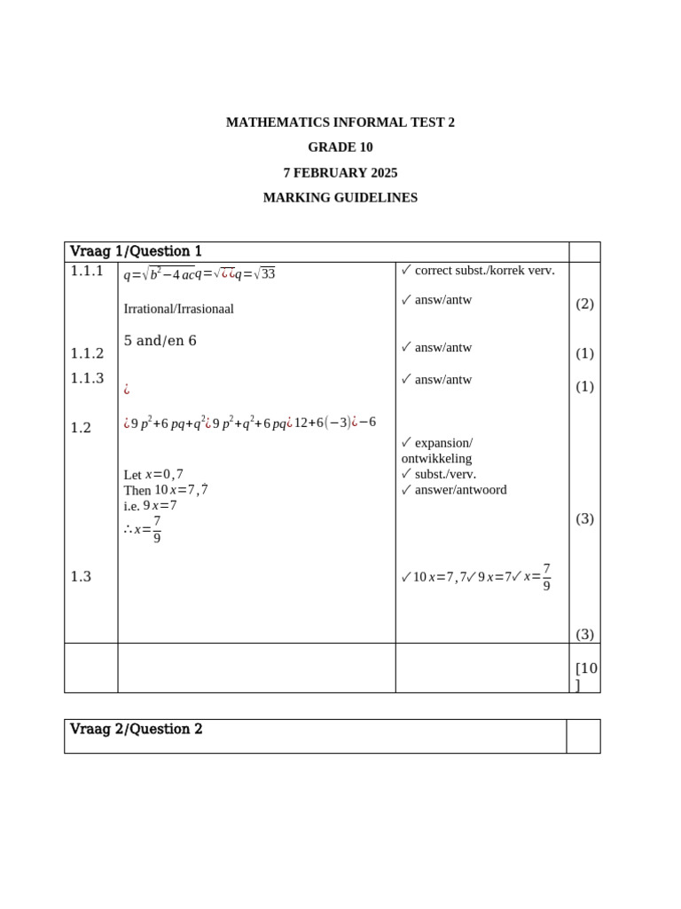 Grade 10 Math Test Memo | PDF | Mathematics