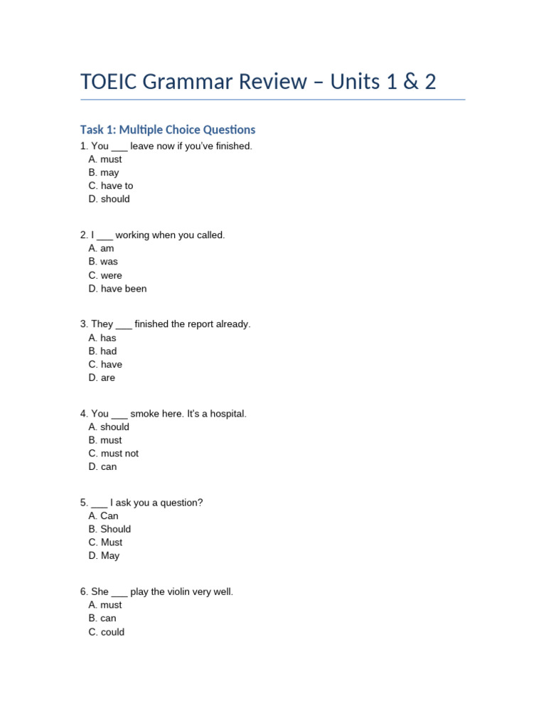 TOEIC Grammar Review: Units 1 & 2 | PDF | Grammar | Linguistics
