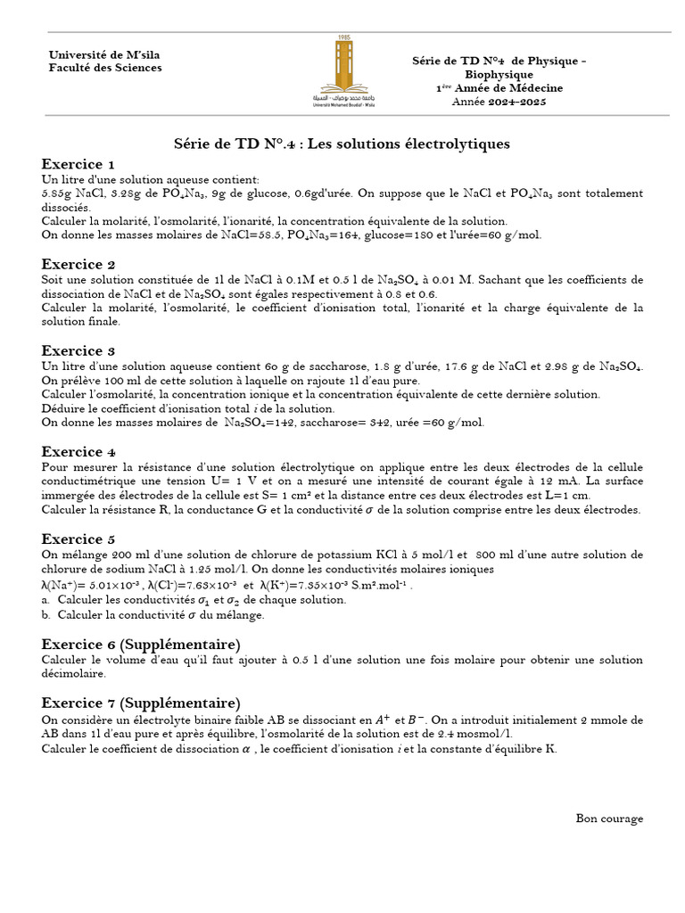 TD 4: Solutions Électrolytiques en Médecine | PDF | Concentration ...