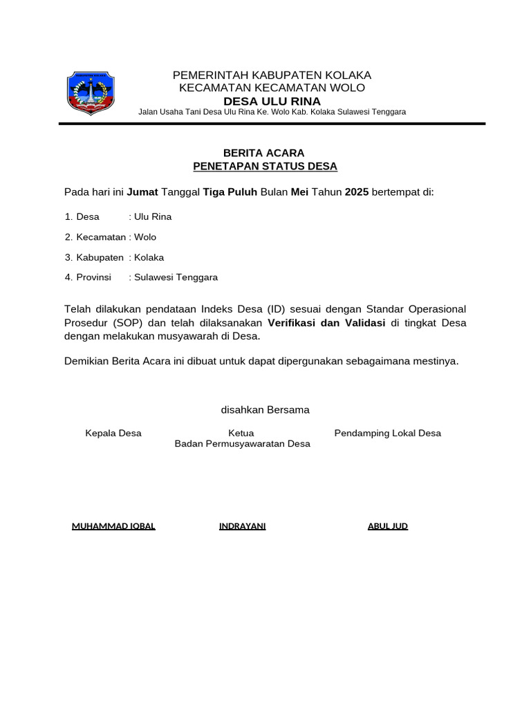 Penetapan Status Desa Ulu Rina 2025 | PDF