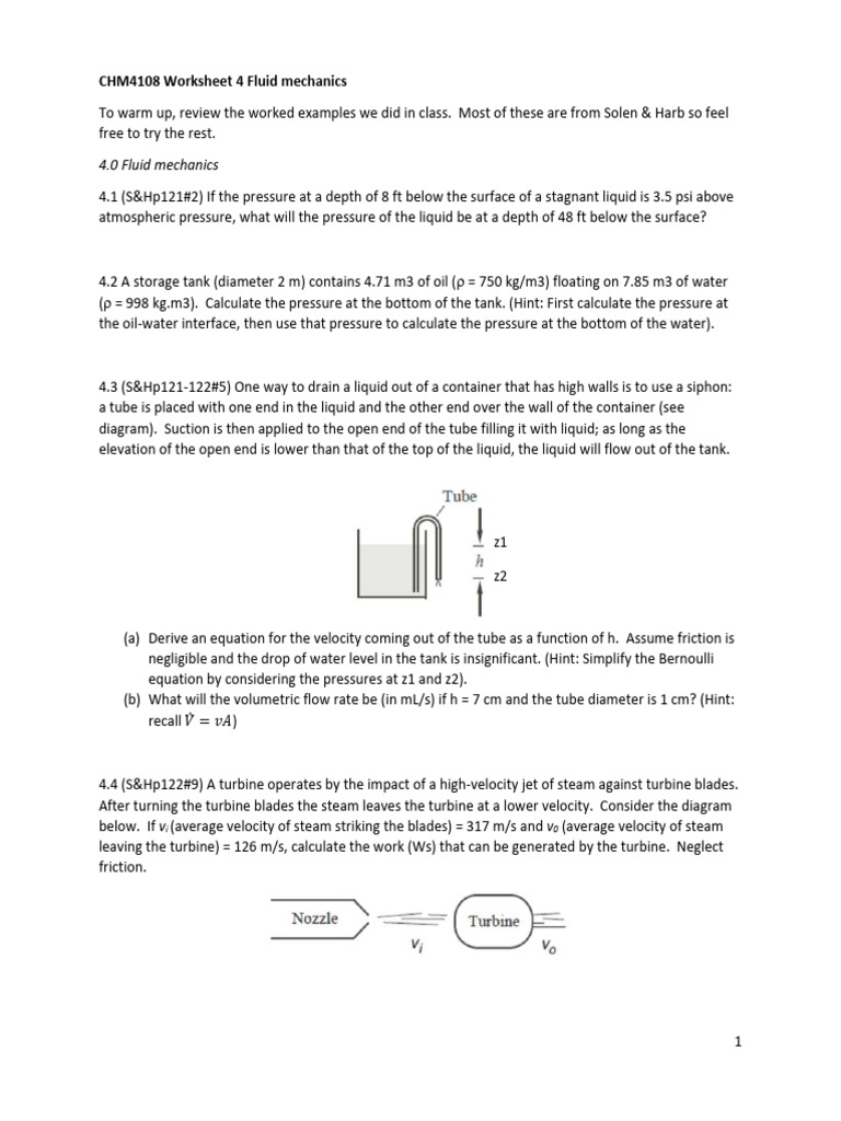 Fluid Mechanics Worksheet CHM4108 | PDF | Pressure | Turbine