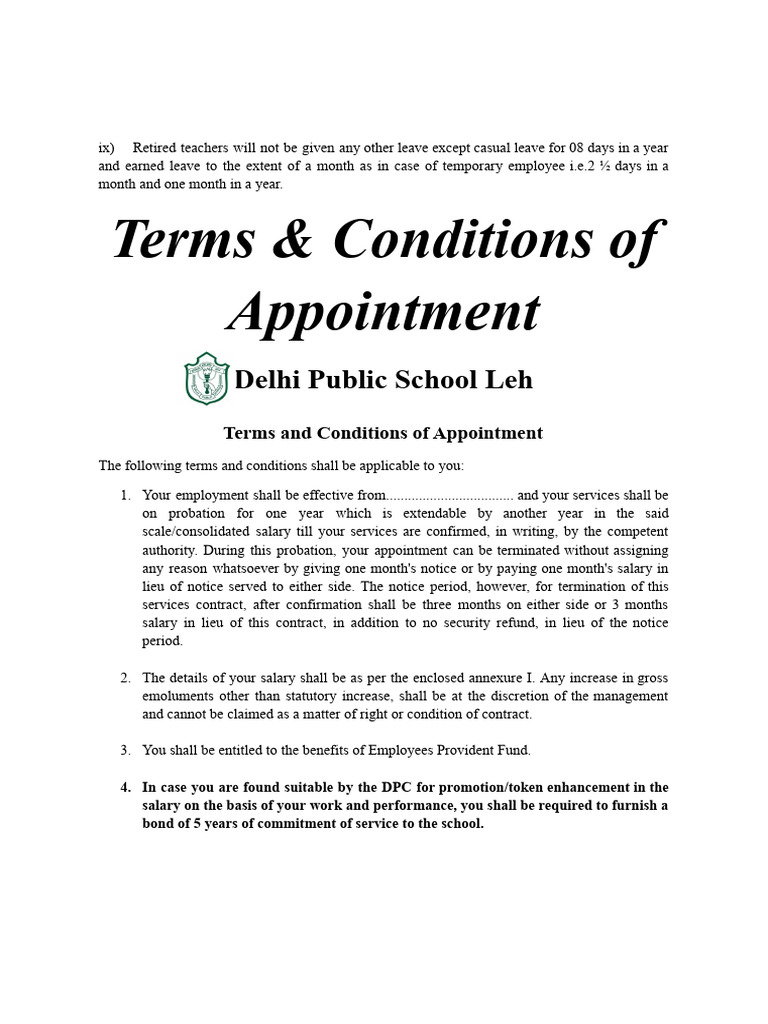 DPS Leh Appointment Terms & Conditions | PDF | Sexual Harassment | Salary