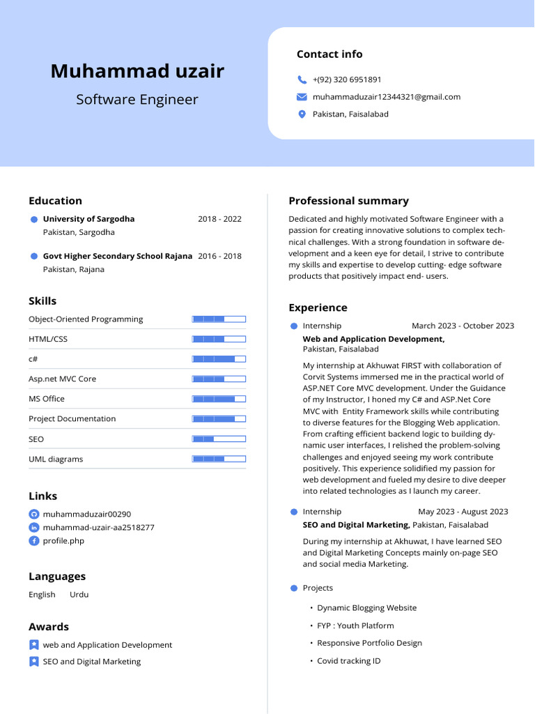 Muhammad Uzair: Software Engineer Profile | PDF | Model–View–Controller ...
