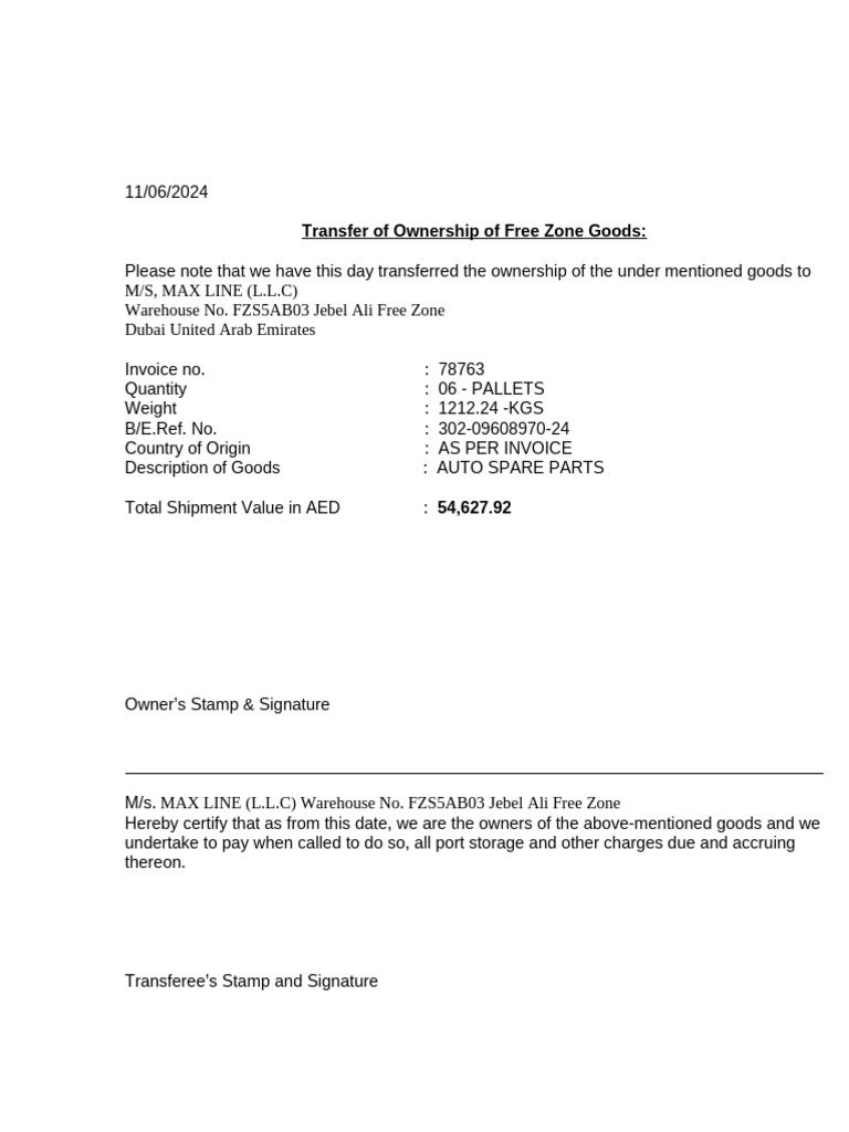 Ownership Transfer of Goods to Max Line | PDF