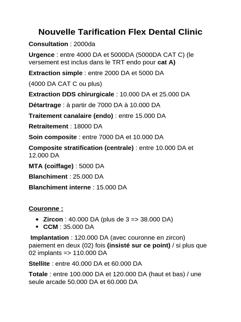 Tarifs 2025 Flex Dental Clinic | PDF