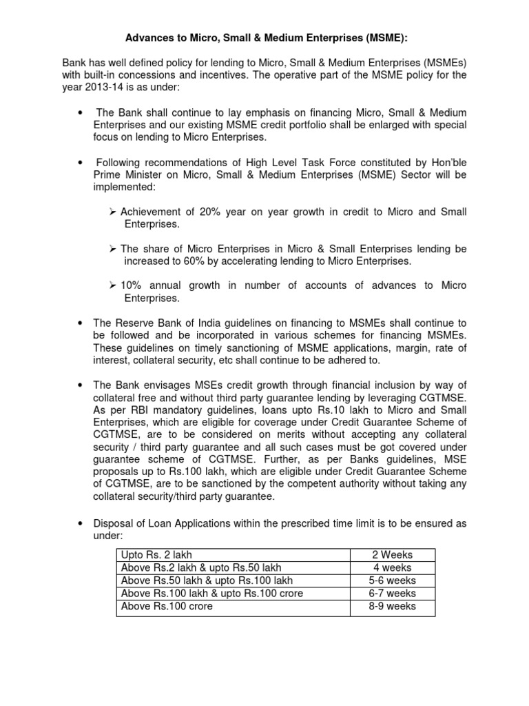MSME Lending Policies and Guidelines | PDF | Small And Medium Sized ...