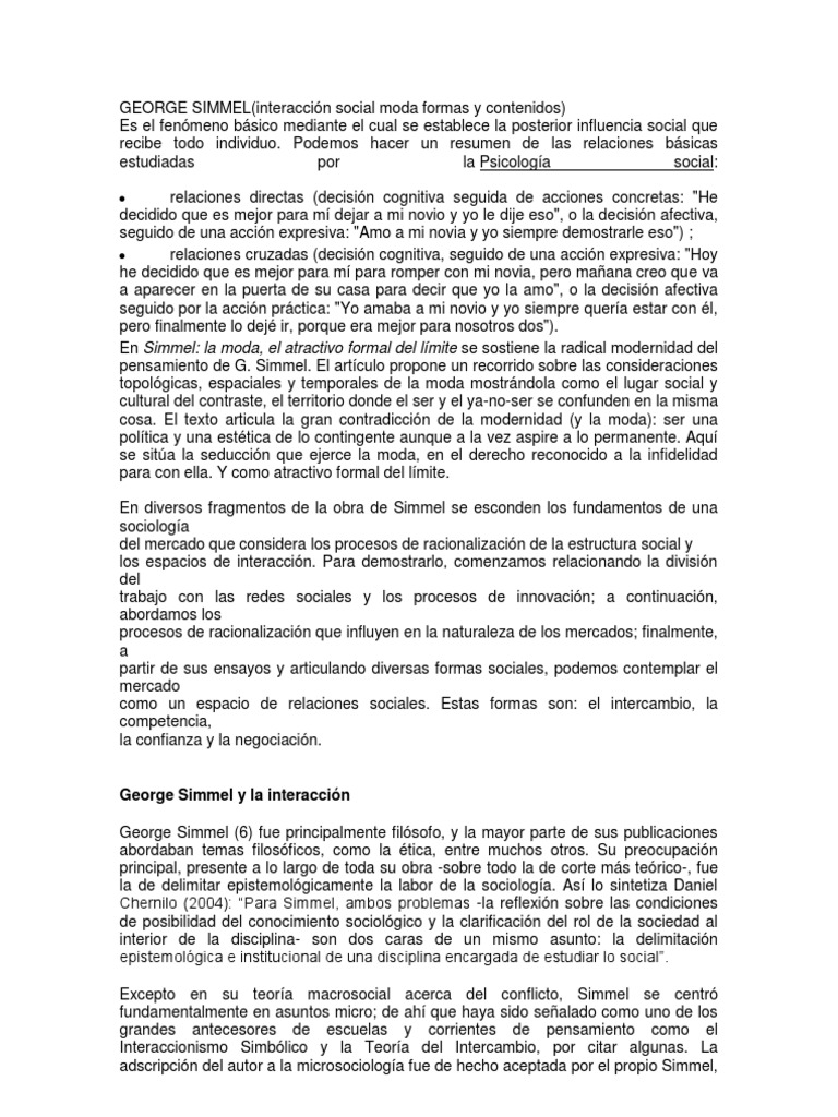 Interacción social según George Simmel | PDF | Sociología | Socialización