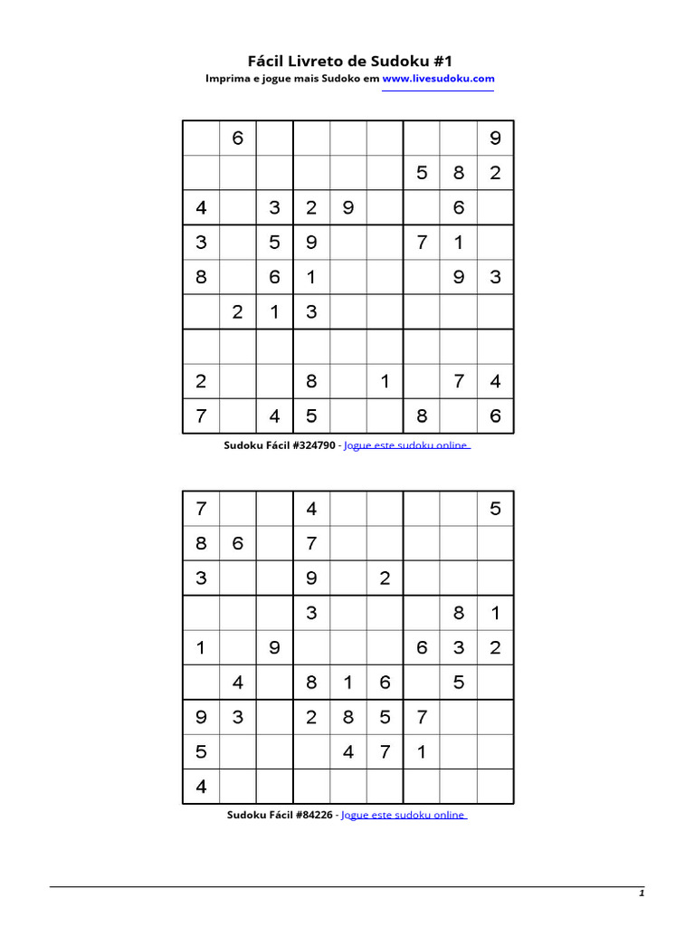 Sudoku Fácil para Imprimir e Jogar | PDF
