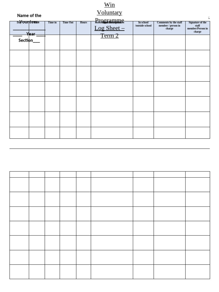 WIN Volunteering Program Log Sheet | PDF