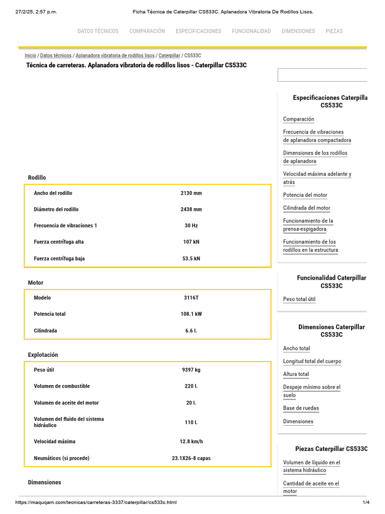 Ficha Técnica Caterpillar CS533C | PDF | Vehículos | Tecnología de ...