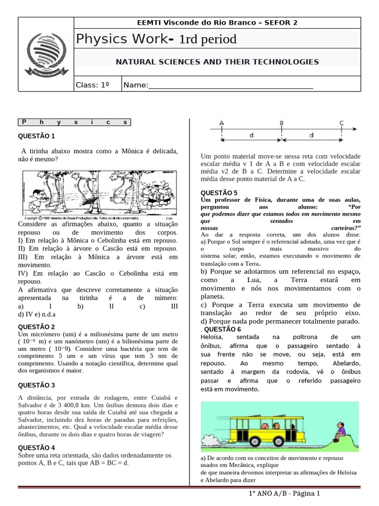 Exercícios de Física para 1º Ano | PDF | Velocidade | Velocidade