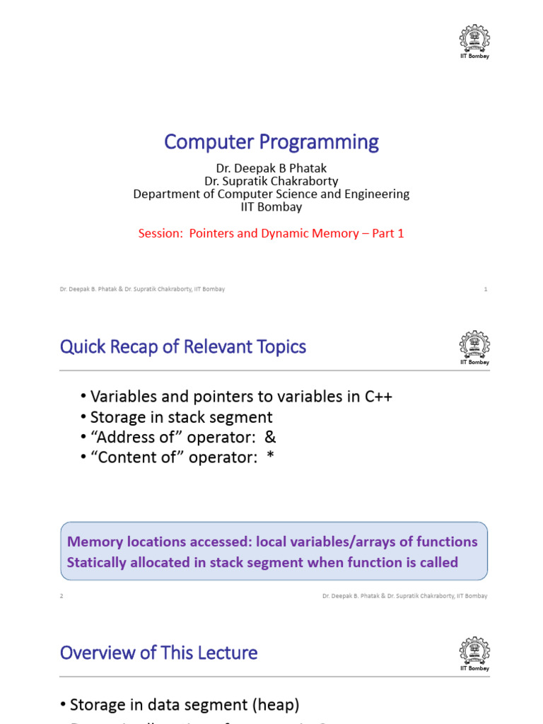 CS101x S433A Pointers and Dynamic Memory Part 1 IIT Bombay | PDF ...