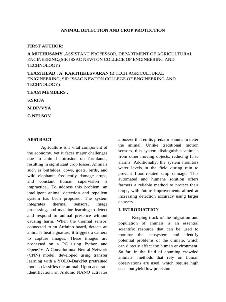 Smart Animal Detection for Crop Protection | PDF | Agriculture | Computing