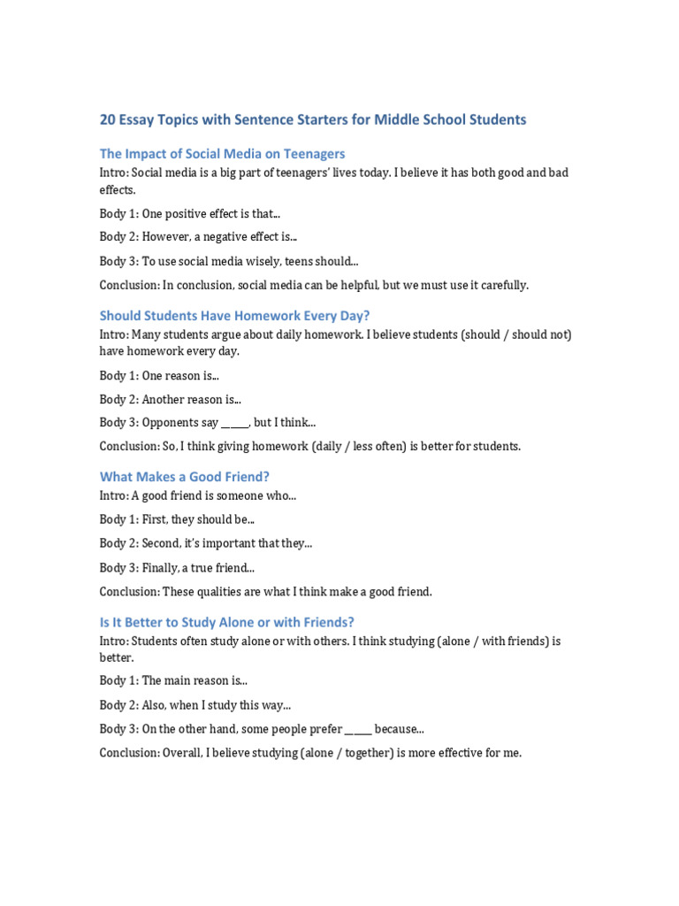 Middle School Essay Topics With Guidelines | PDF | Zoo | Reason