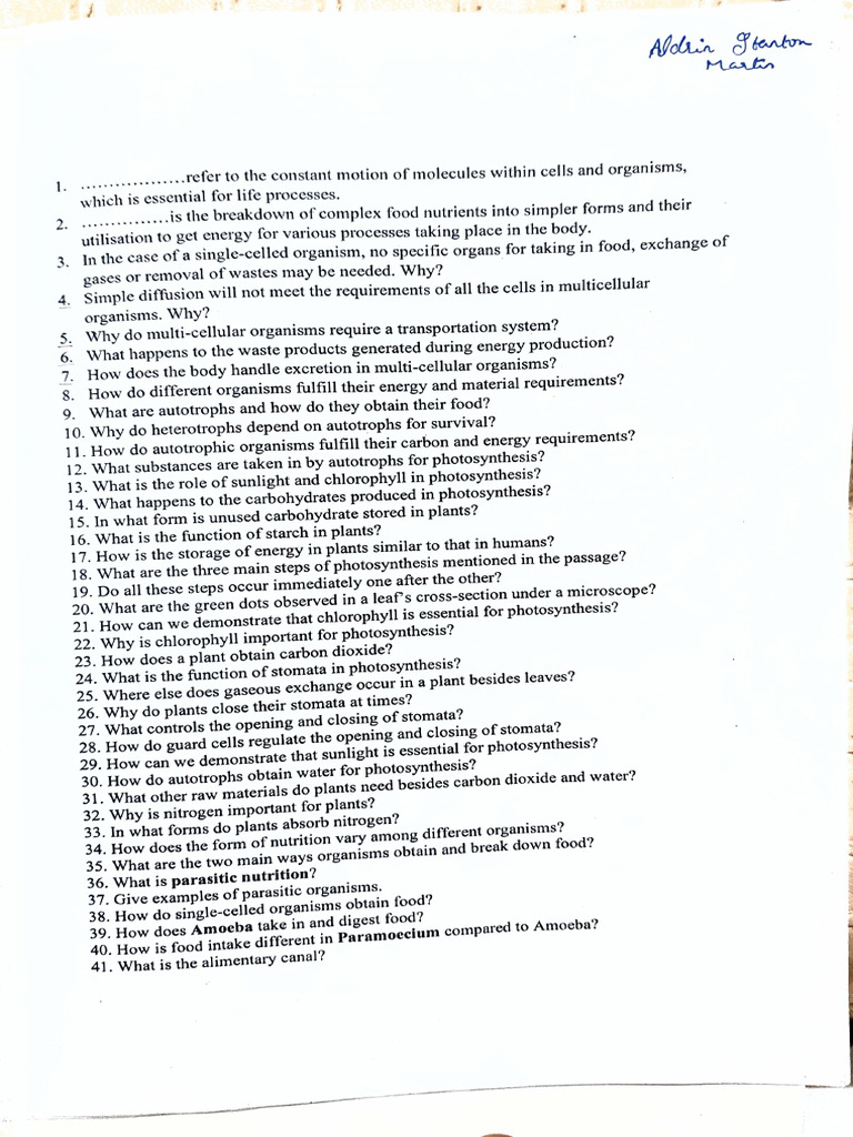 Biology Questions Life Process | PDF