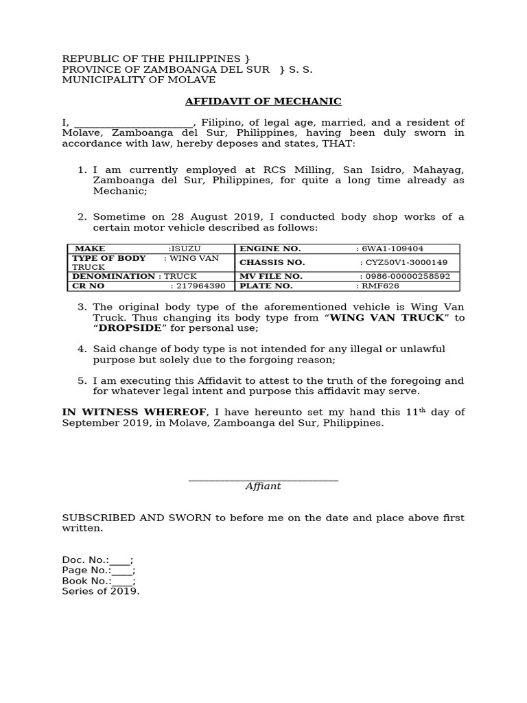 Affidavit of Mechanic for Vehicle Modification | PDF