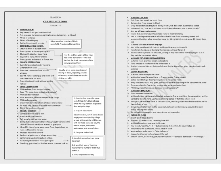 The Last Lesson - Key Points Doc 2 | PDF