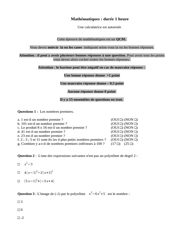 QCM de Mathématiques : 15 Questions | PDF | Nombre premier | Mathématiques