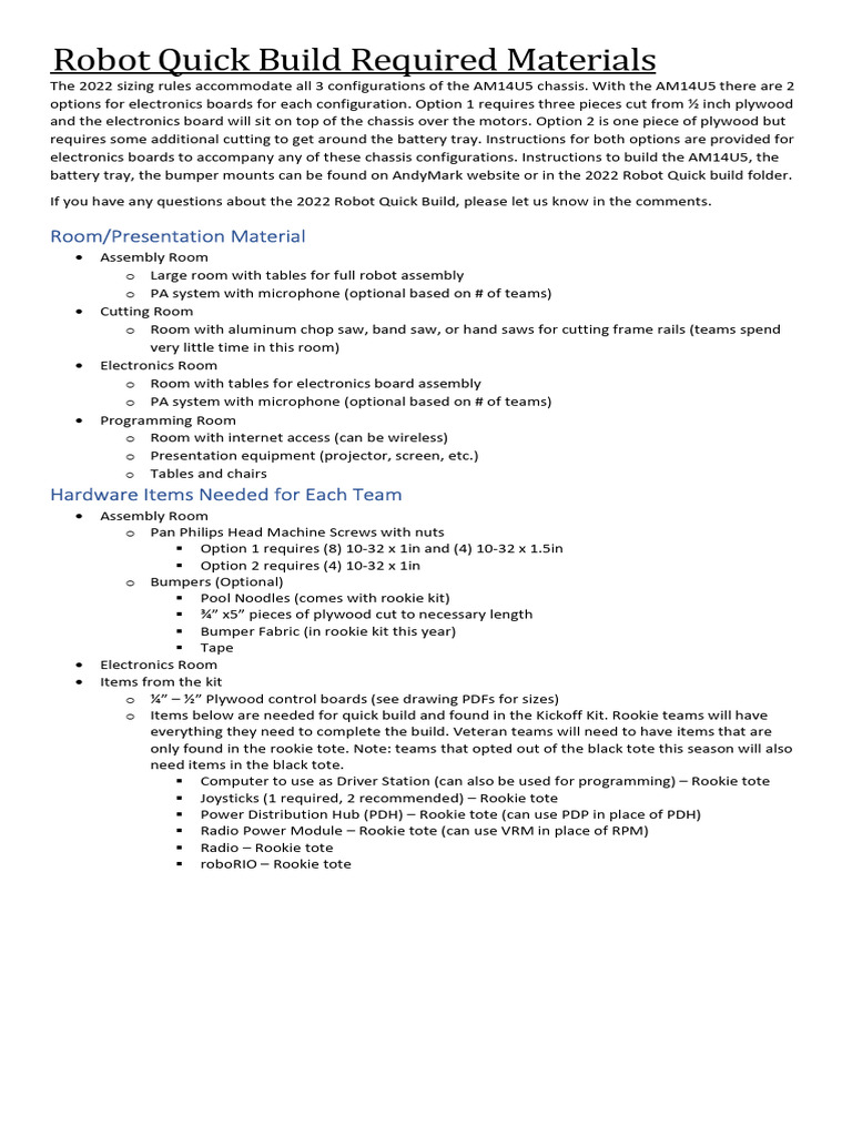 2023 Quick Build Required Materials | PDF | Manufactured Goods