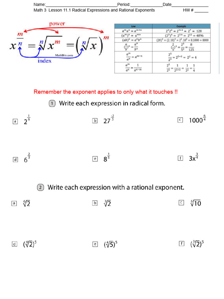 Math 3 HW Lesson 11.1 Radical Expressions and Rational Exponents | PDF