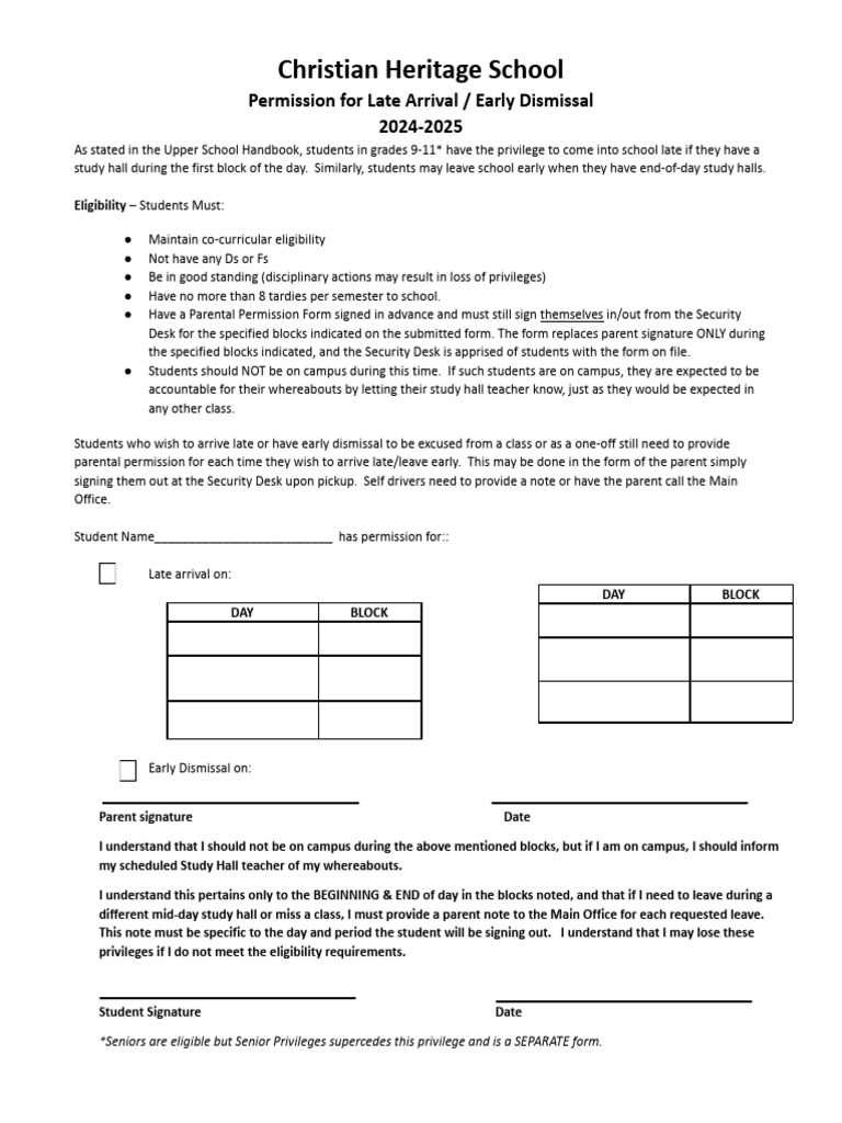 Late Arrival/Early Dismissal Policy 2024-2025 | PDF