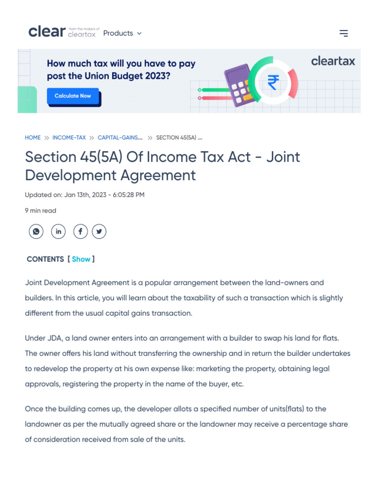 Section 45 (5A) of Income Tax Act - Joint Development Agreement | PDF ...