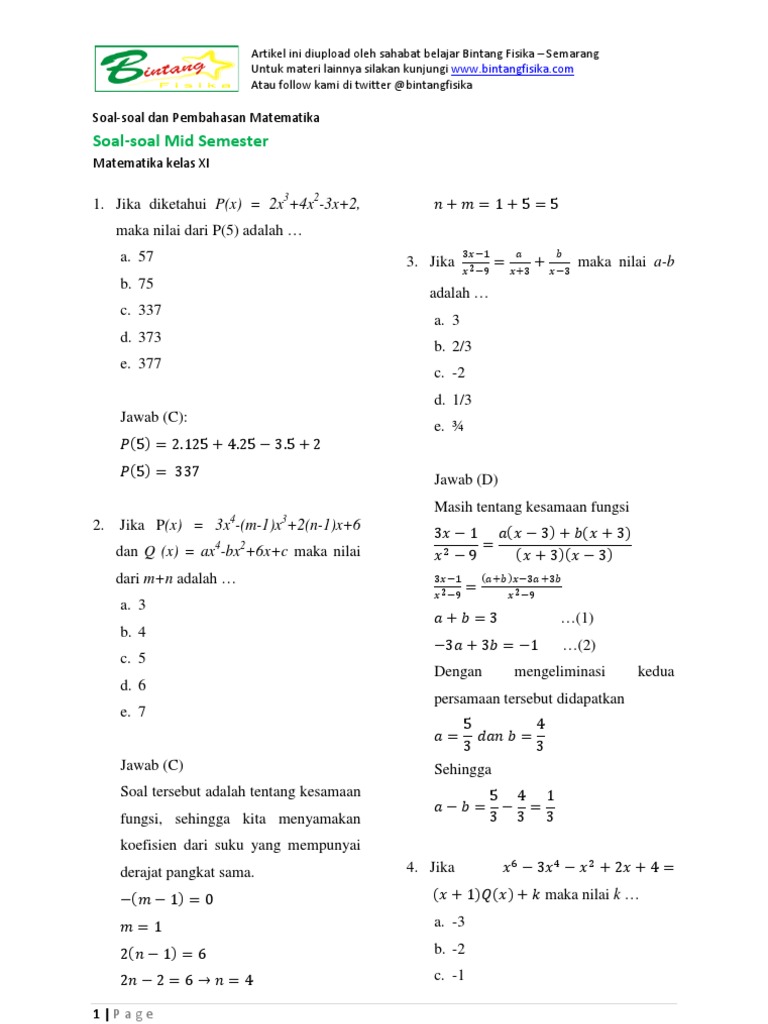 Soal Matematika Wajib Kelas 11 Semester 2 Dan Pembahasannya