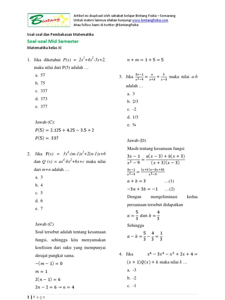 Latihan Soal Dan Pembahasan Mid Semester Matematika Pdf