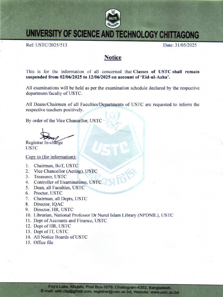 Notice For The Classes of USTC Shall Remain Suspended On Accounts of ...