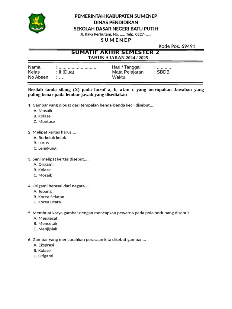 Soal Ujian Akhir Kelas II SBDB | PDF