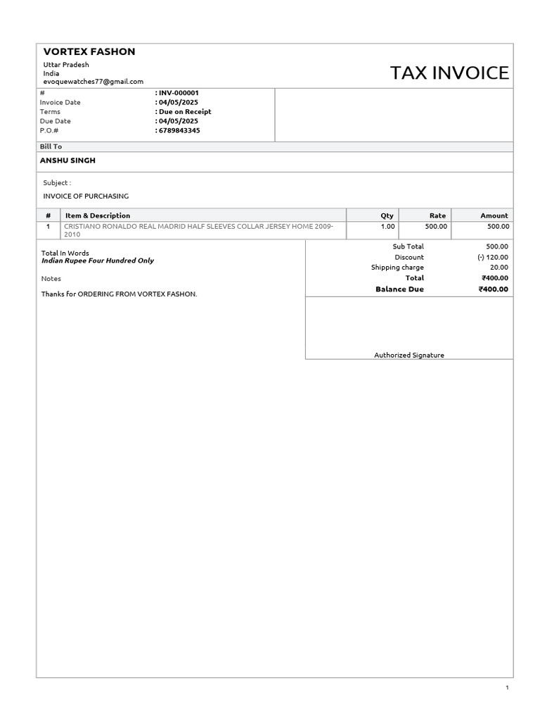 Invoice INV-000001 for Jersey Purchase | PDF