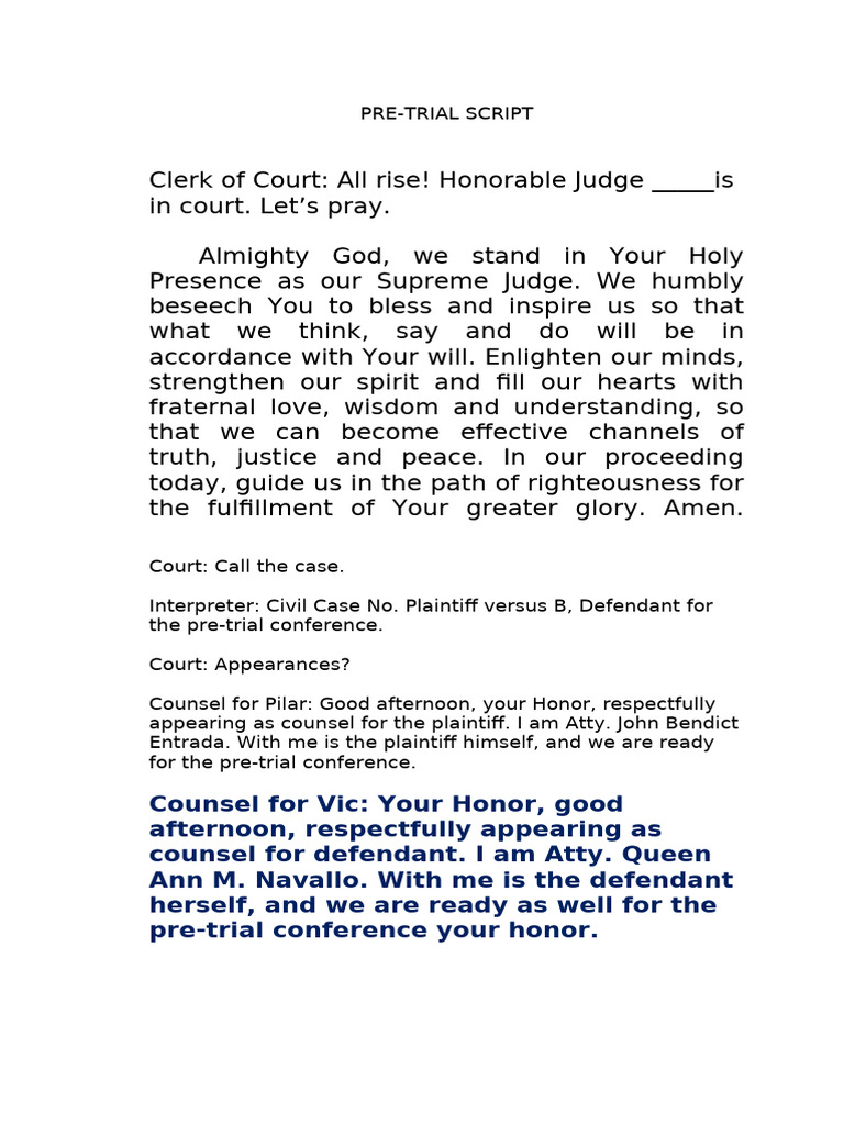 Pre-Trial Conference Script for Civil Case | PDF | Lawsuit | Witness