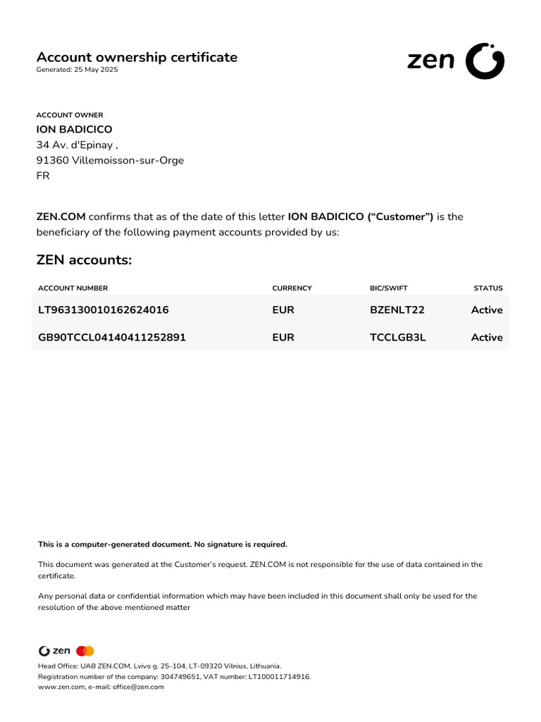 Bank Account Ownership Certificate | PDF