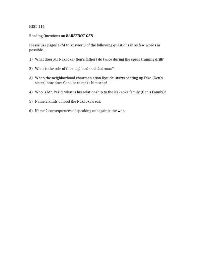 Reading Questions for Barefoot Gen | PDF