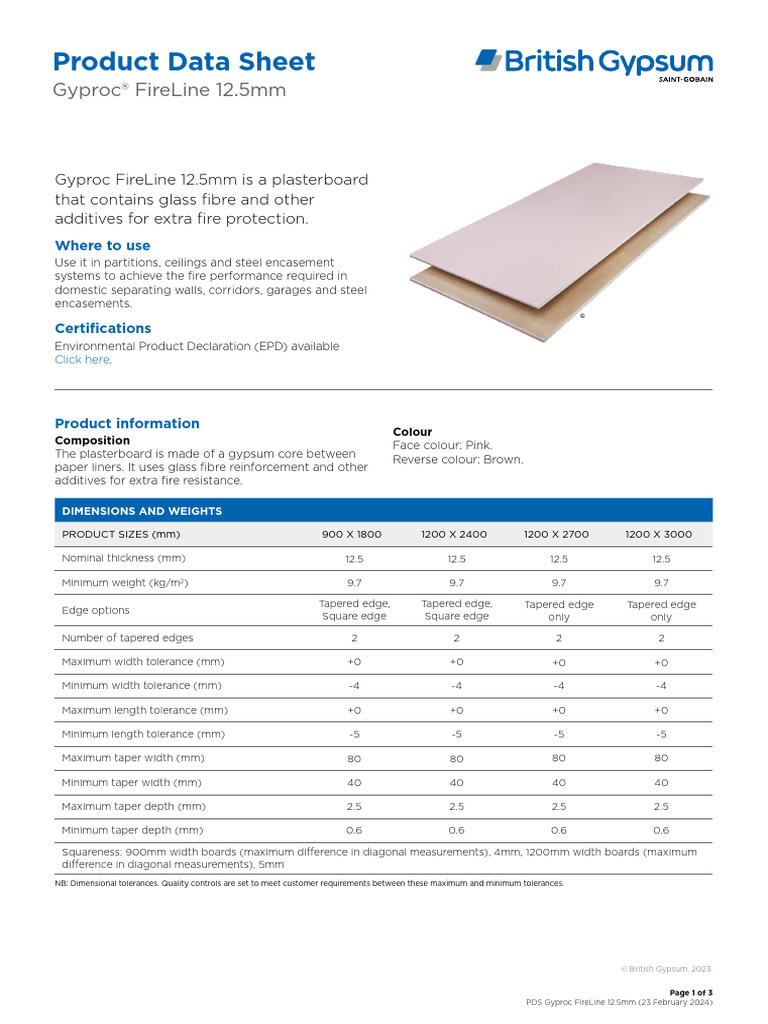 Gyproc FireLine 12.5mm Product Data Sheet | PDF | Drywall | Building ...