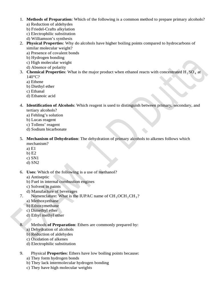Alcohol Phenol and Ethers Exam Final Sheet 1 | PDF | Ether | Ethanol